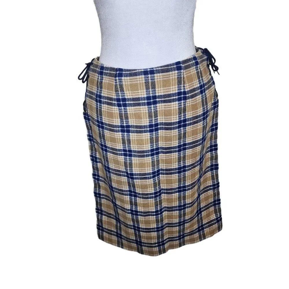 Vintage 60s Jantzen Pencil Skirt Womens Size Small Beige Blue Plaid Side Lace Up